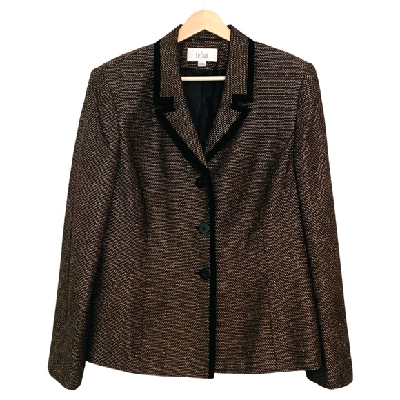 Le Suit Brown Tweed Black Trim Blazer Jacket 3 Button Sz 12 Career Professional - Picture 1 of 10